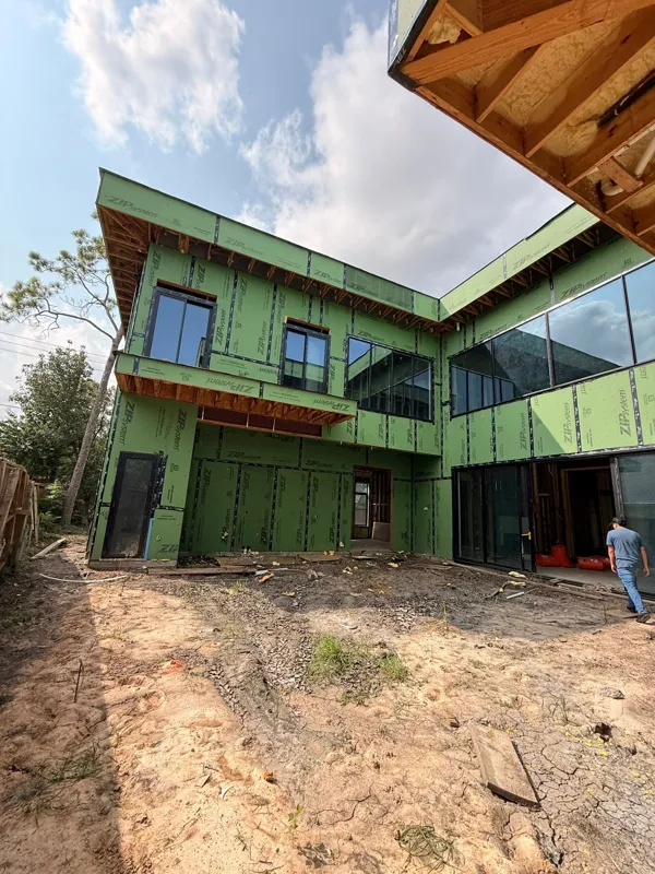 Unfinished exterior walls facing a courtyard