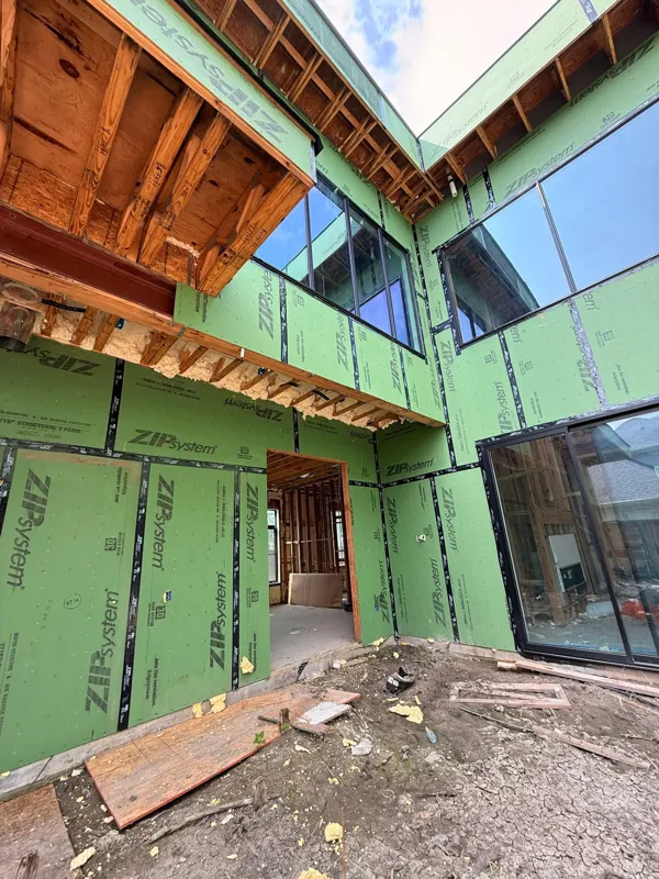 Exposed framing beneath a roof overhang