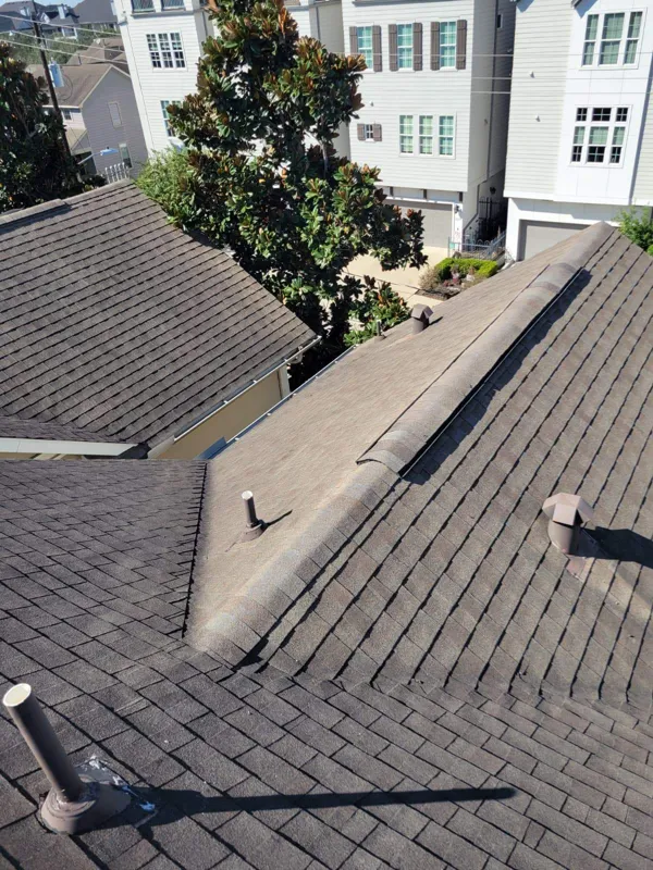 Intersecting shingle roof slopes above neighboring properties