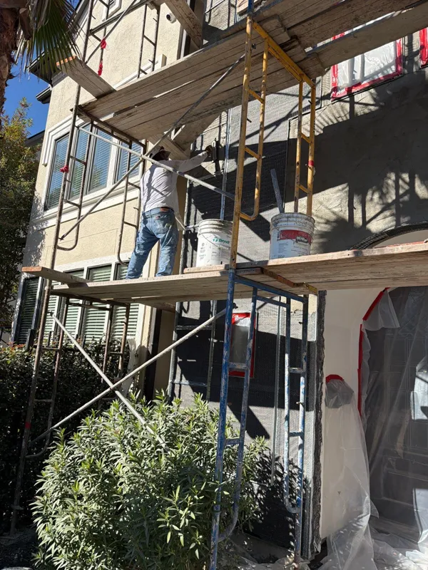 Scaffolding along the exterior during repair work