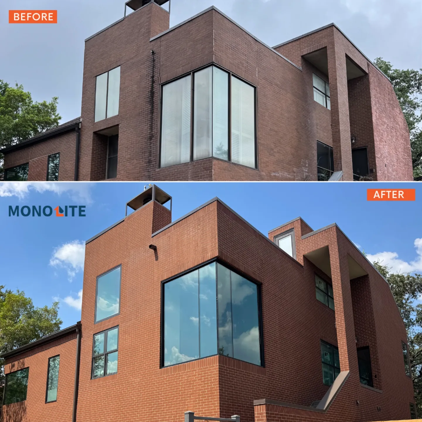 Before and after views of a Monolite exterior restoration project